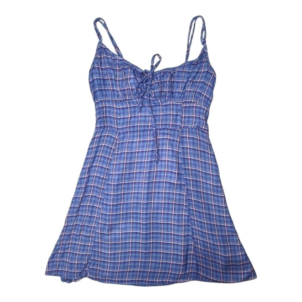 Urban Outfitters Kamaryn Fitted Bodice Tie Front Plaid Mini Dress Blue Size M